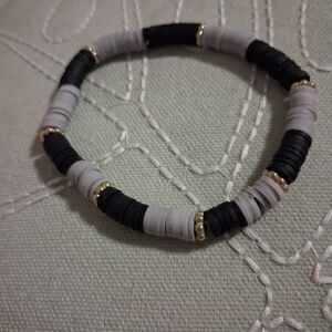 Minimalist Black & Gray Clay Beaded Stretch Bracelet - Gold Accent